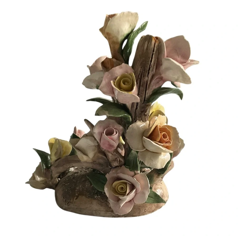 CAPODIMONTE Italian Porcelain Floral Arrangement Pink & Yellow Brown Bark